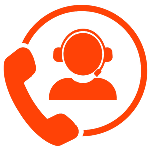 Orange icon of a person wearing a headset with a phone on a white background